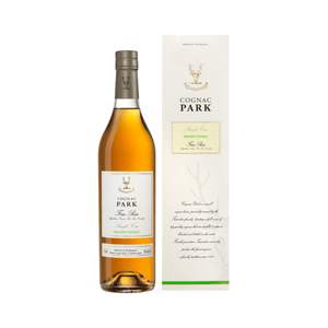 Cognac Park Fins Bois Organic bottle and packaging on display