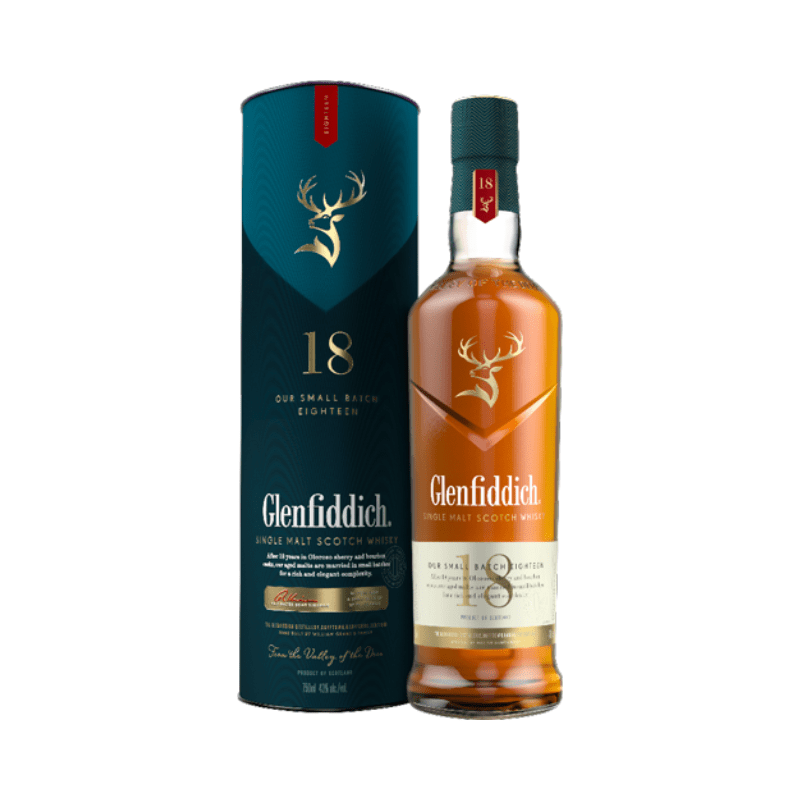 Glenfiddich 18 Year Old Single Malt Scotch Whisky bottle and box – premium aged Speyside whisky with rich, smooth character