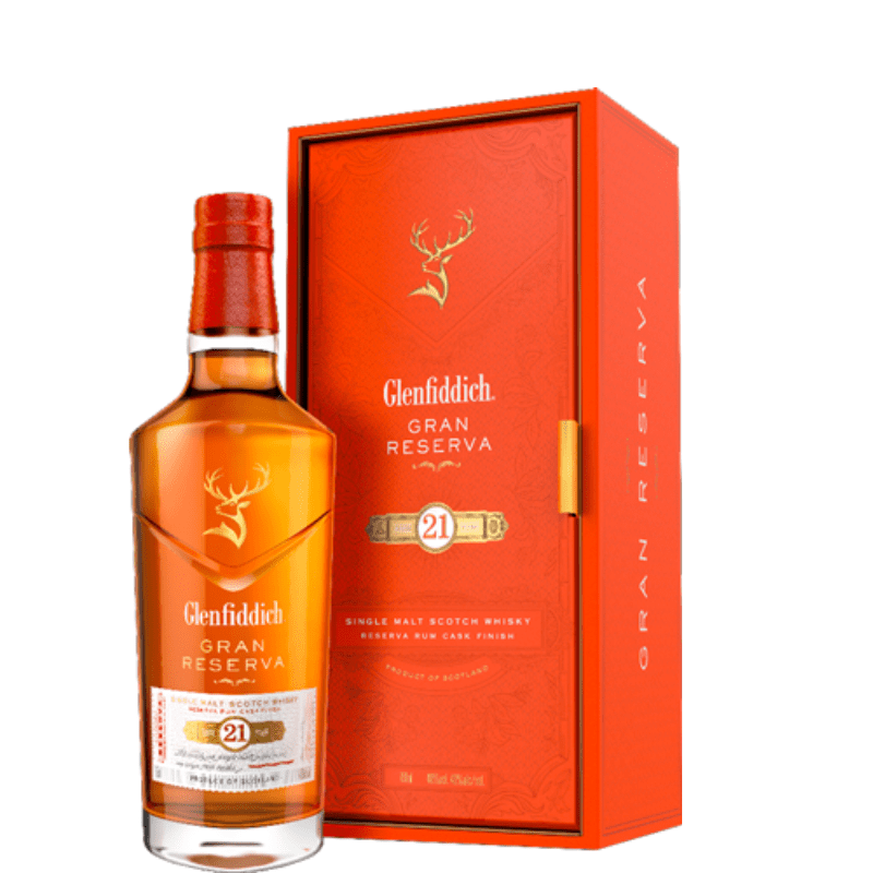 Glenfiddich Gran Reserva 21 Year Old Single Malt Scotch Whisky bottle and packaging – premium aged Scotch finished in Caribbean rum casks