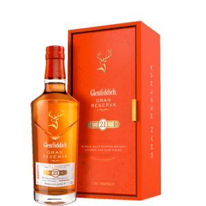Glenfiddich Gran Reserva 21 Year Old Single Malt Scotch Whisky bottle and packaging – premium aged Scotch finished in Caribbean rum casks