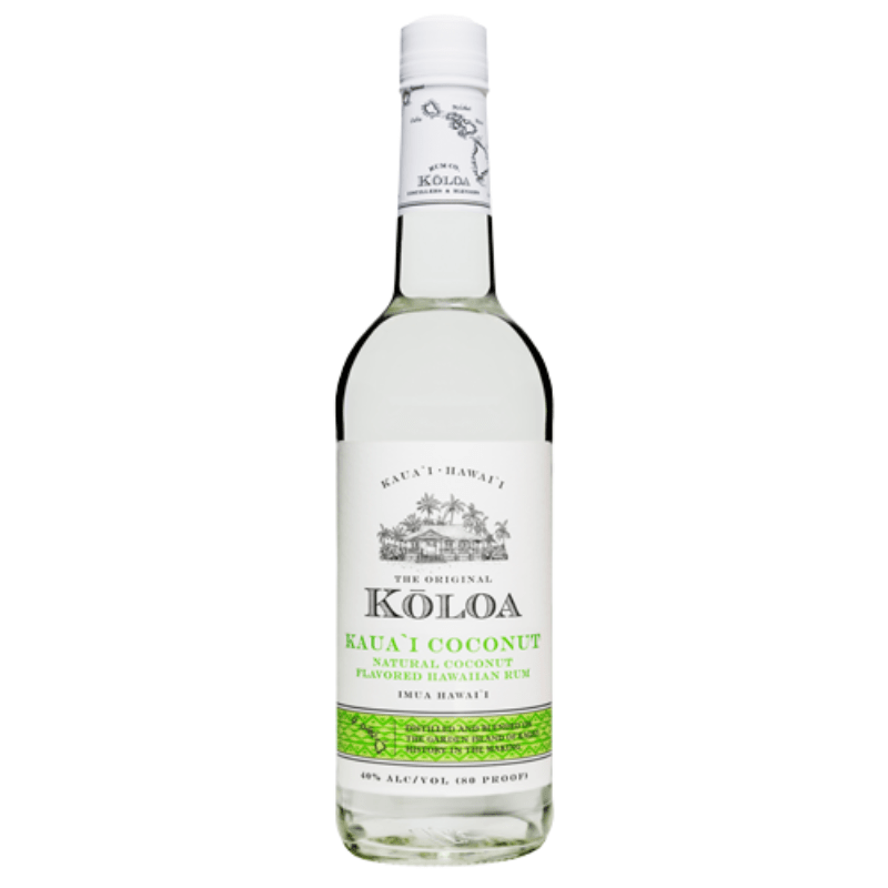 Kōloa Kaua'i Coconut Hawaiian Rum bottle with tropical design, 750ml
