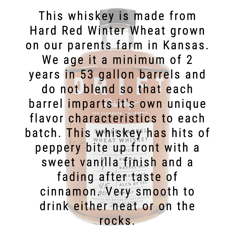 Drift Distillery Single Barrel Wheat Whiskey 750mL - Great American Craft Spirits